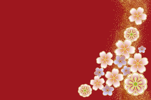 赤地に桜や牡丹をあしらった和柄イラスト