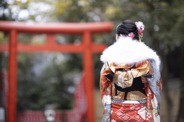 鳥居の前で振袖を着用した女性の後ろ姿